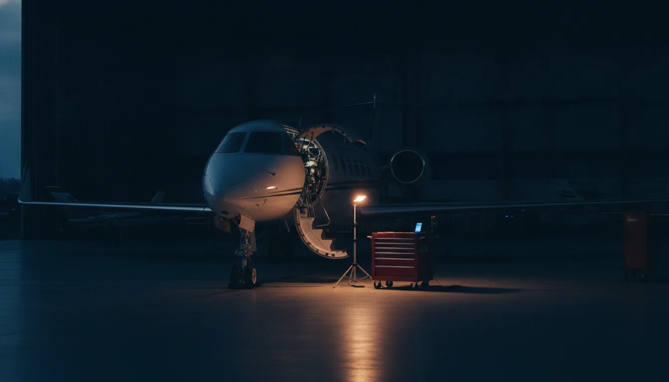A business jet in a dim hangar at evening with an access panel open under a single work light