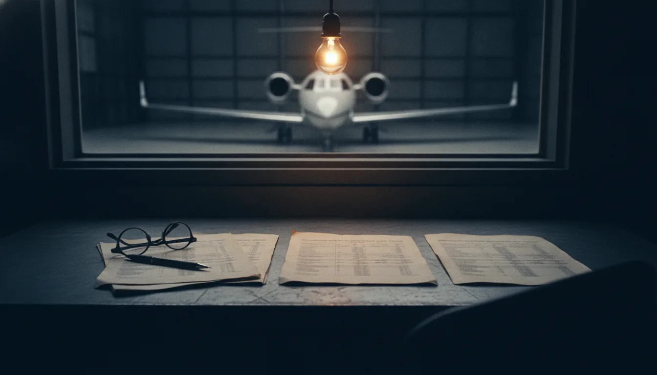 Printed maintenance quotes for the same work scope laid side by side on a desk in a dim hangar office with a business jet blurred behind the glass