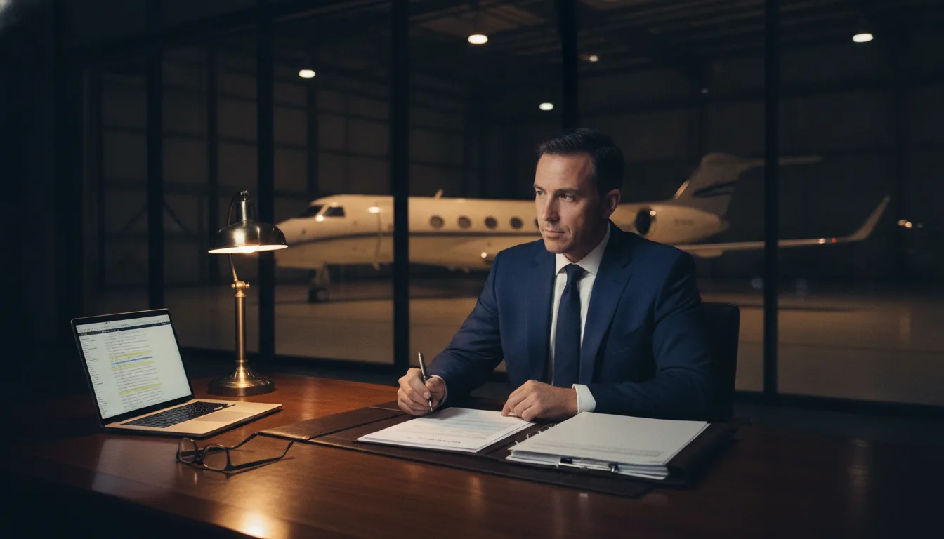 A chief of staff reviewing a maintenance file at an orderly desk with a business jet in a dim hangar beyond the window
