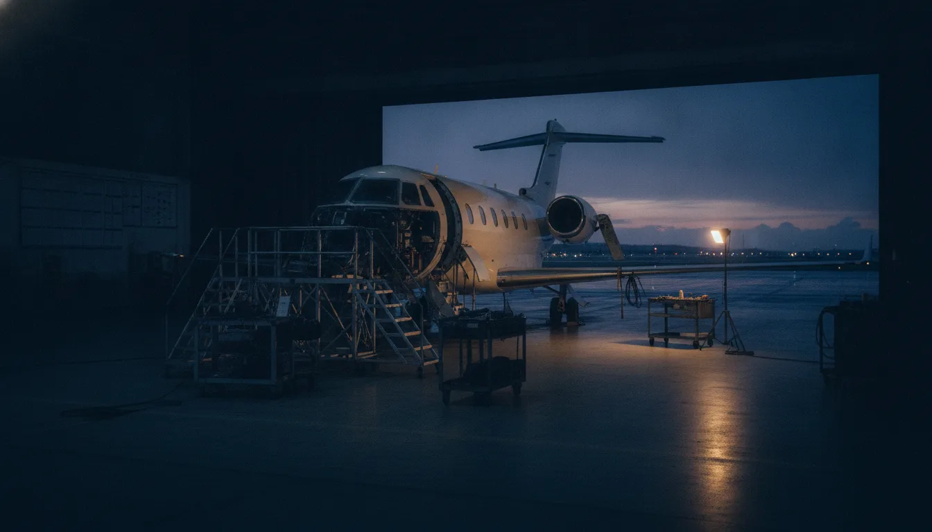 A midsize business jet grounded in a dim maintenance hangar with panels open and no technicians in sight