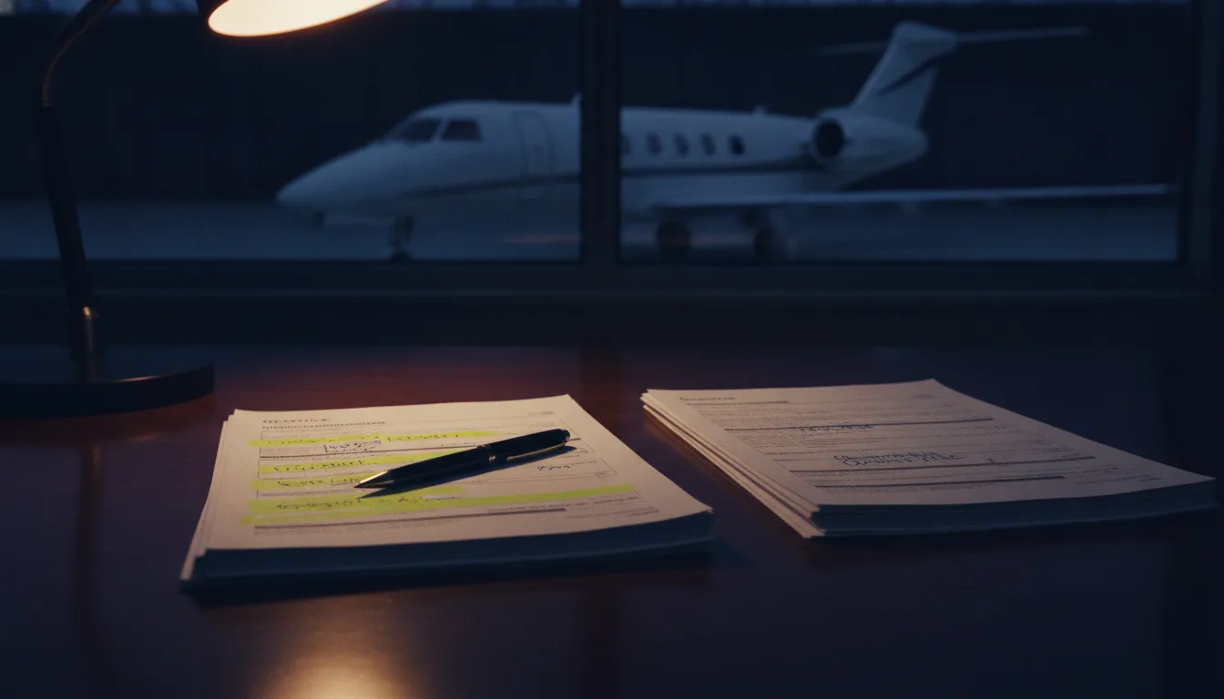 An aircraft maintenance invoice and the original quote laid side by side on a desk, one page marked up with a highlighter