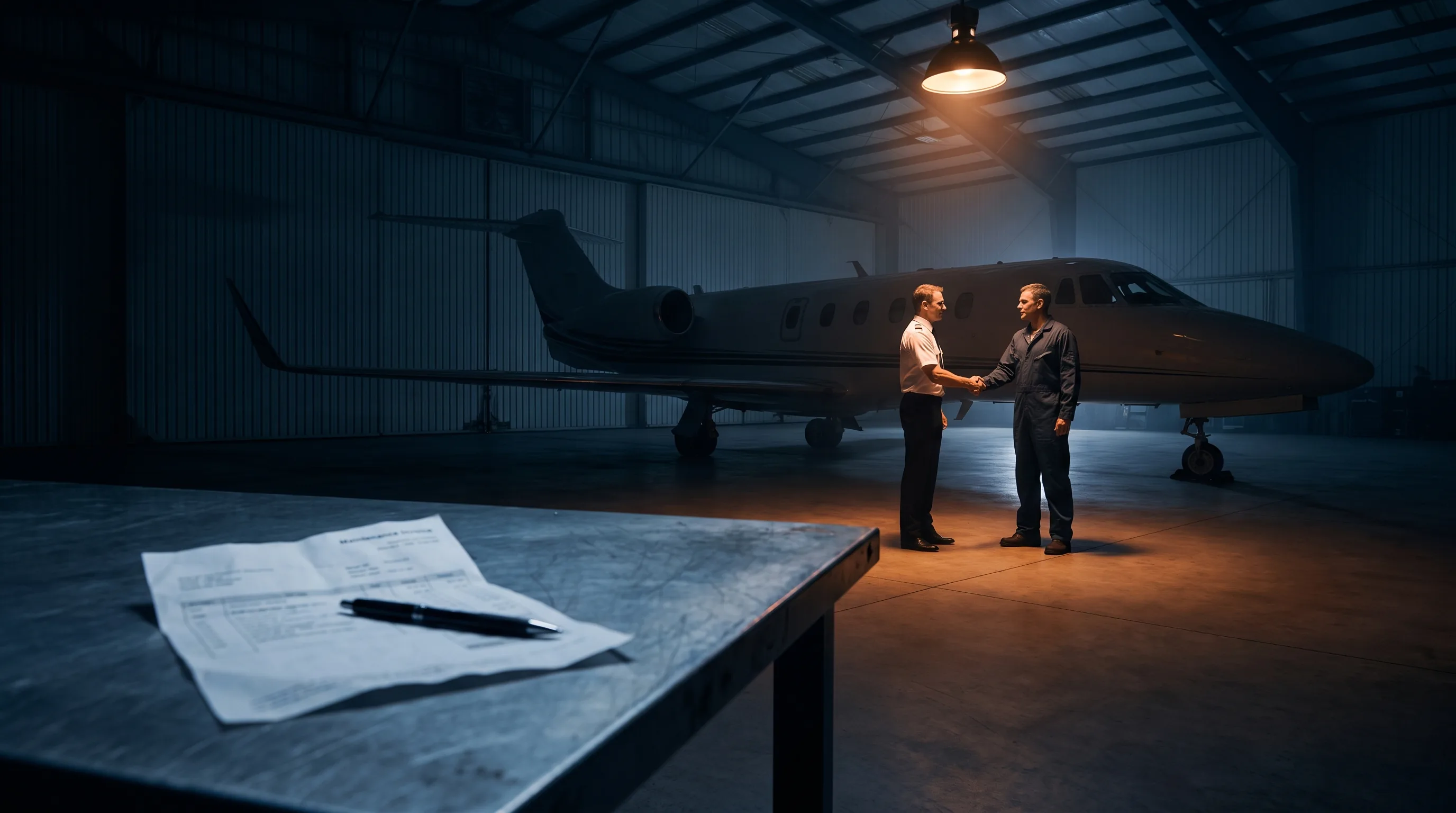 A pilot and a repair shop manager shaking hands in a dim hangar beside a business jet