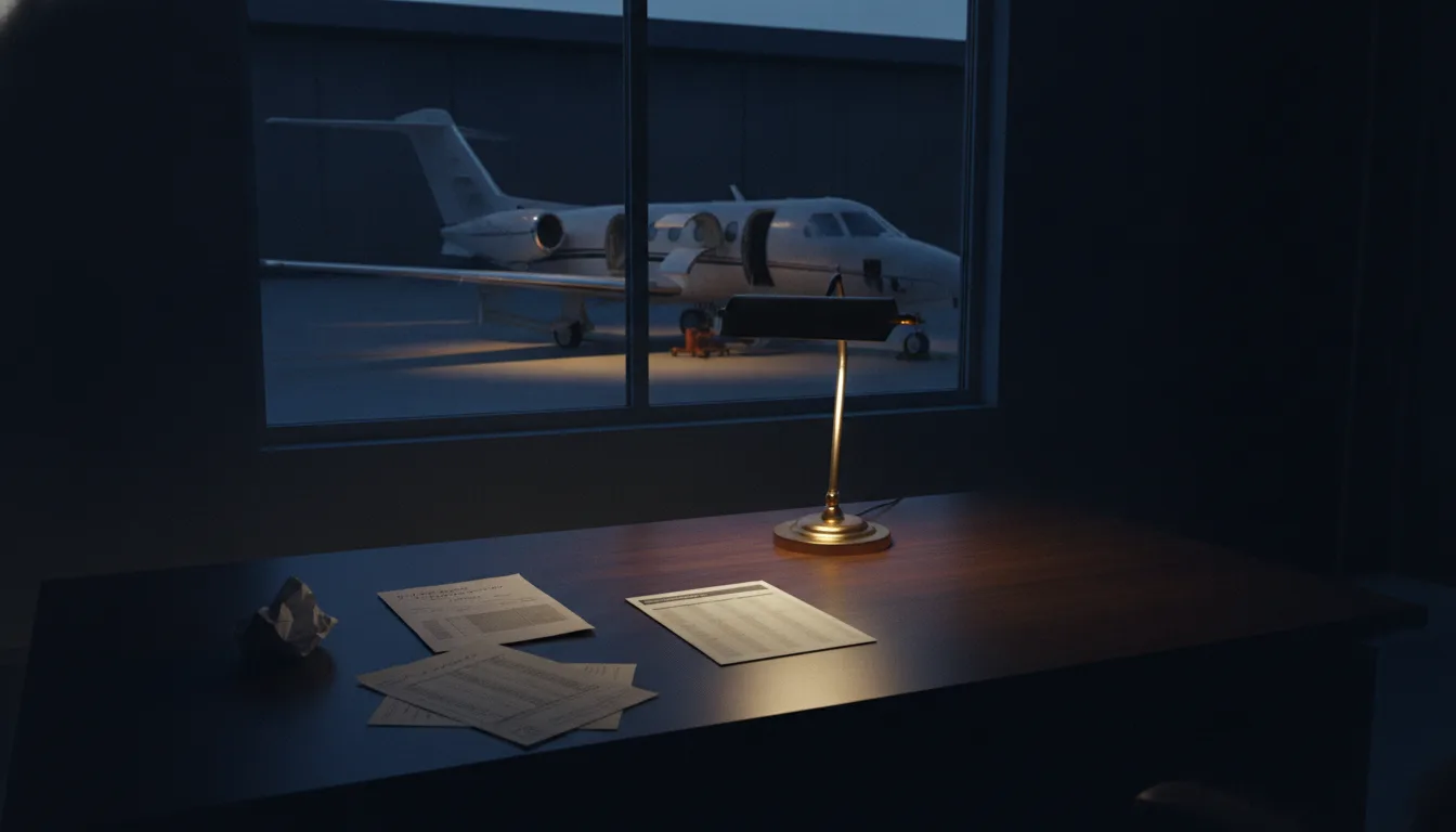 Scattered shop quotes and one clean aircraft maintenance RFQ comparison sheet under a desk lamp, a Citation business jet visible through the hangar office window