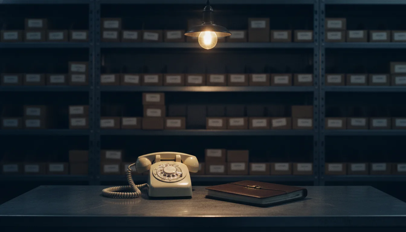 A single rotary desk phone under one lamp on a quiet aircraft parts counter beside a closed leather ledger
