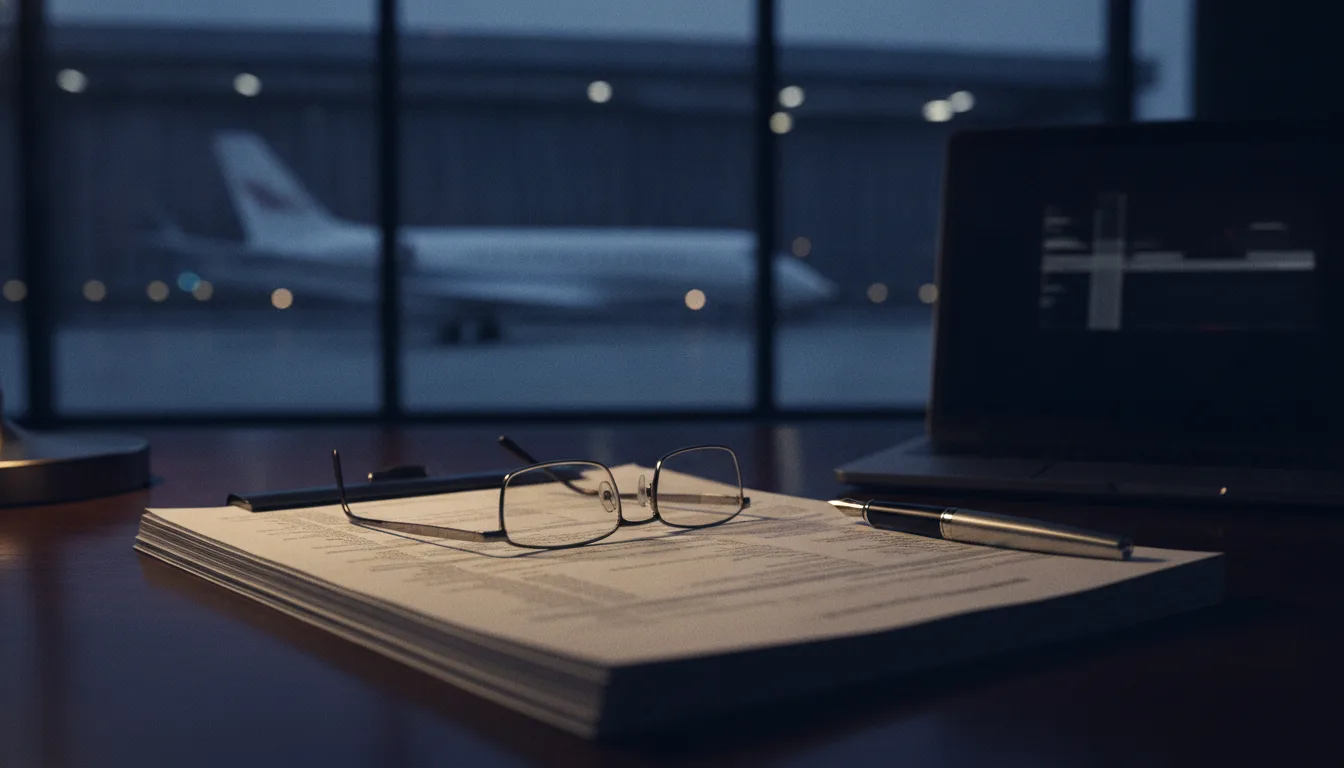 A printed aircraft maintenance quote on a desk beside a laptop with a business jet in a dim hangar out of focus behind it