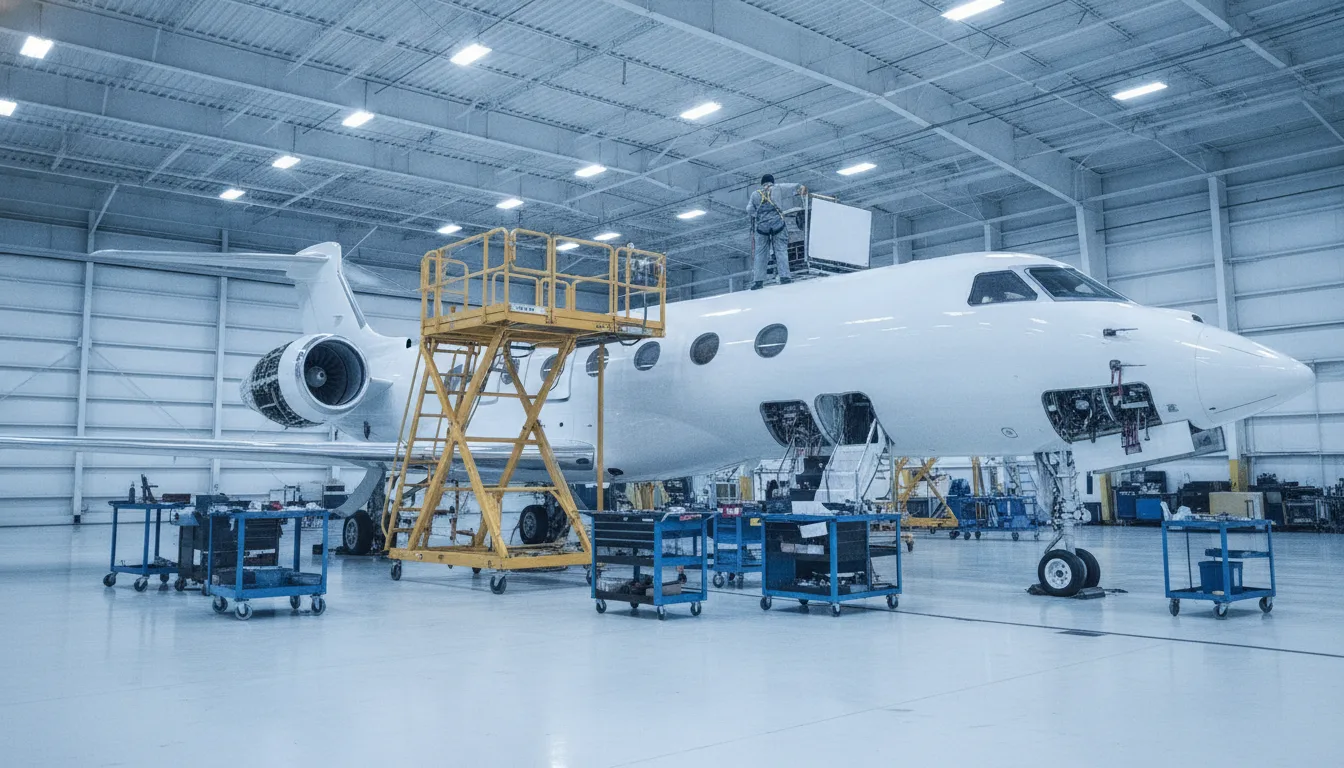 A business jet in a hangar with access panels open for inspection while a technician fits an antenna panel on the fuselage crown