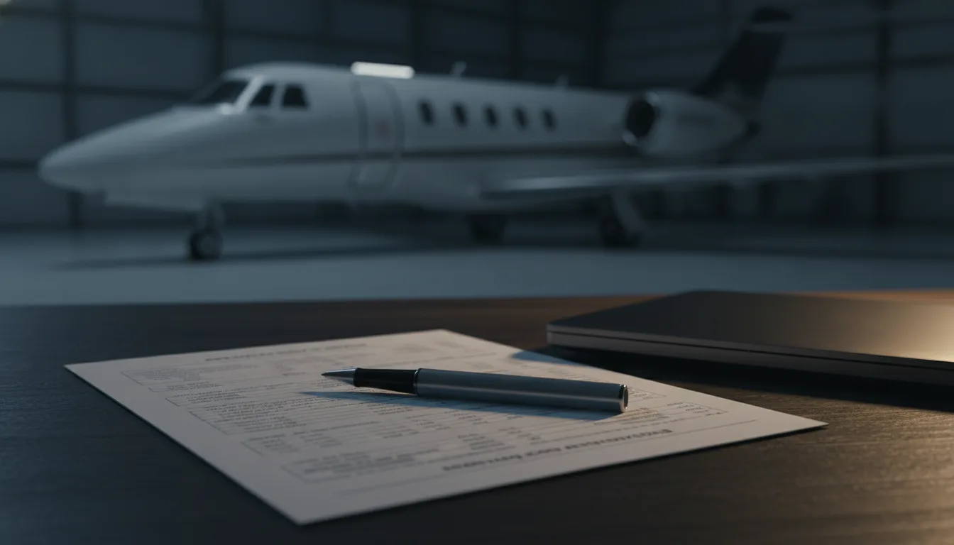 A printed installation quote and pen on a desk, with a business jet softly out of focus in a dim hangar behind it