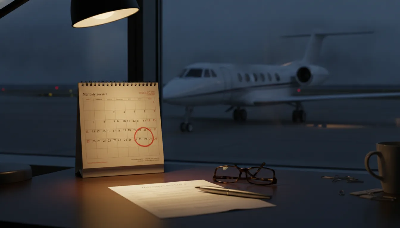 A service invoice and a wall calendar with a date circled on a flight department desk, a business jet on the ramp beyond the window
