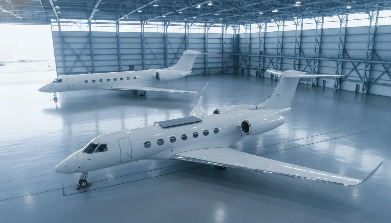 Two business jets in a hangar, one with a flat fuselage-mounted antenna panel and one with a tail-mounted radome