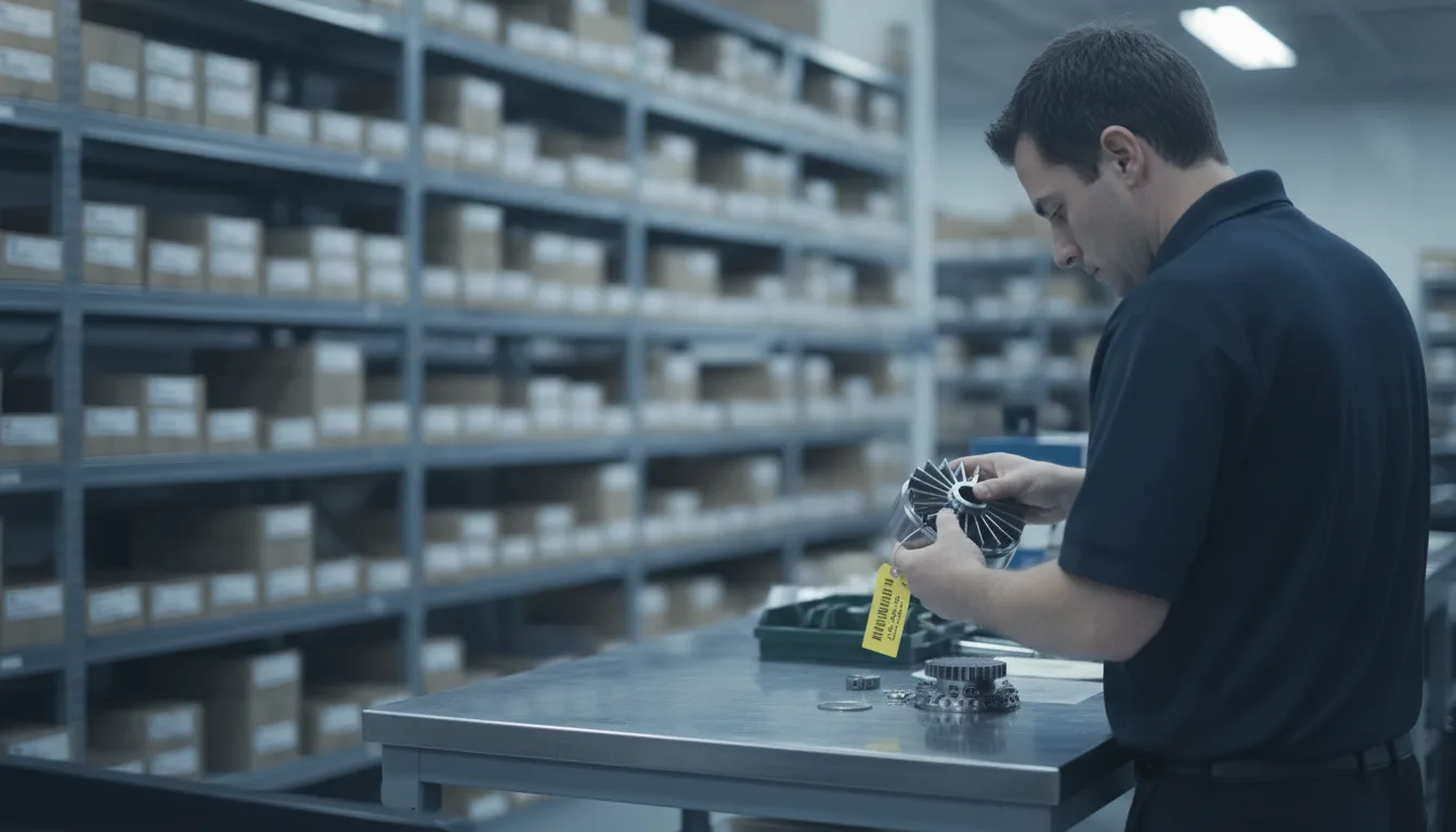 Parts specialist inspecting a tagged aircraft component