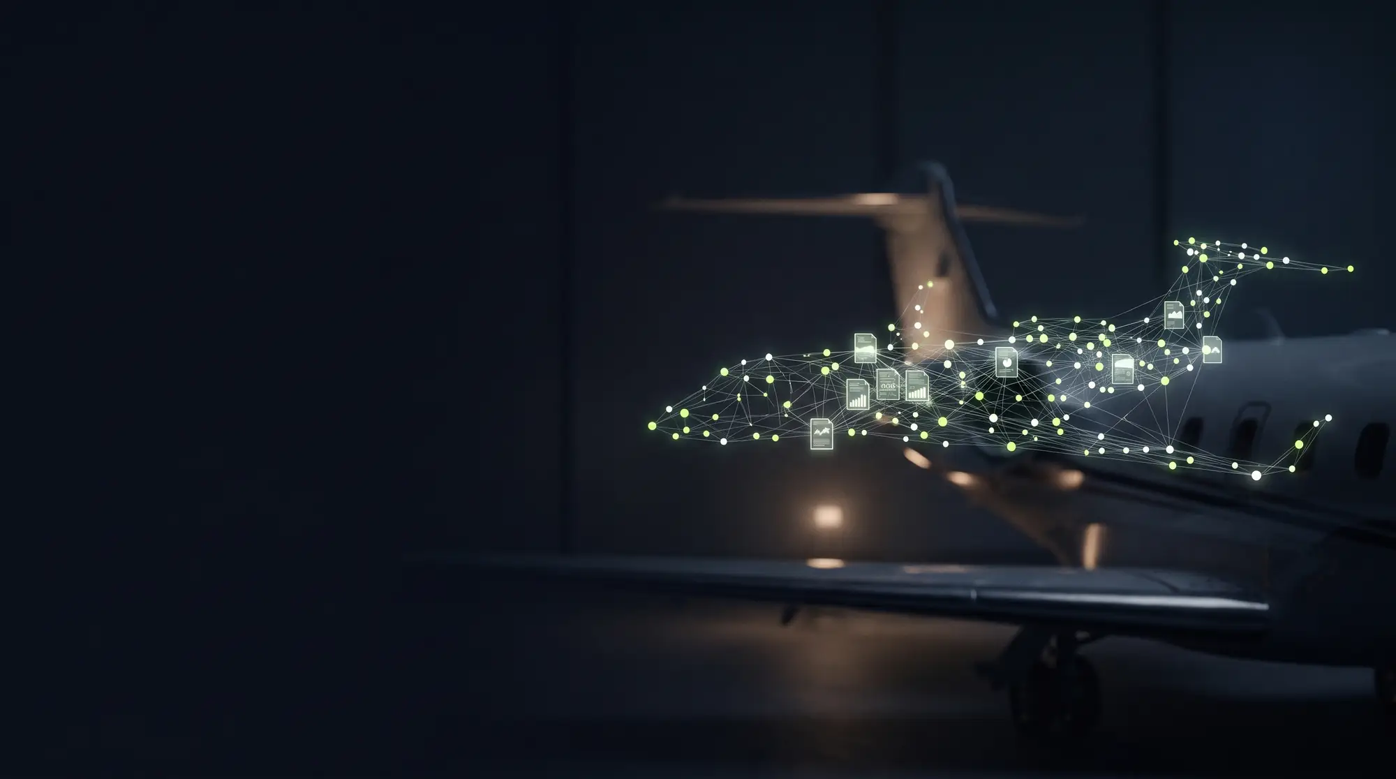 A glowing network of linked maintenance records tracing the outline of a business jet in a dark hangar