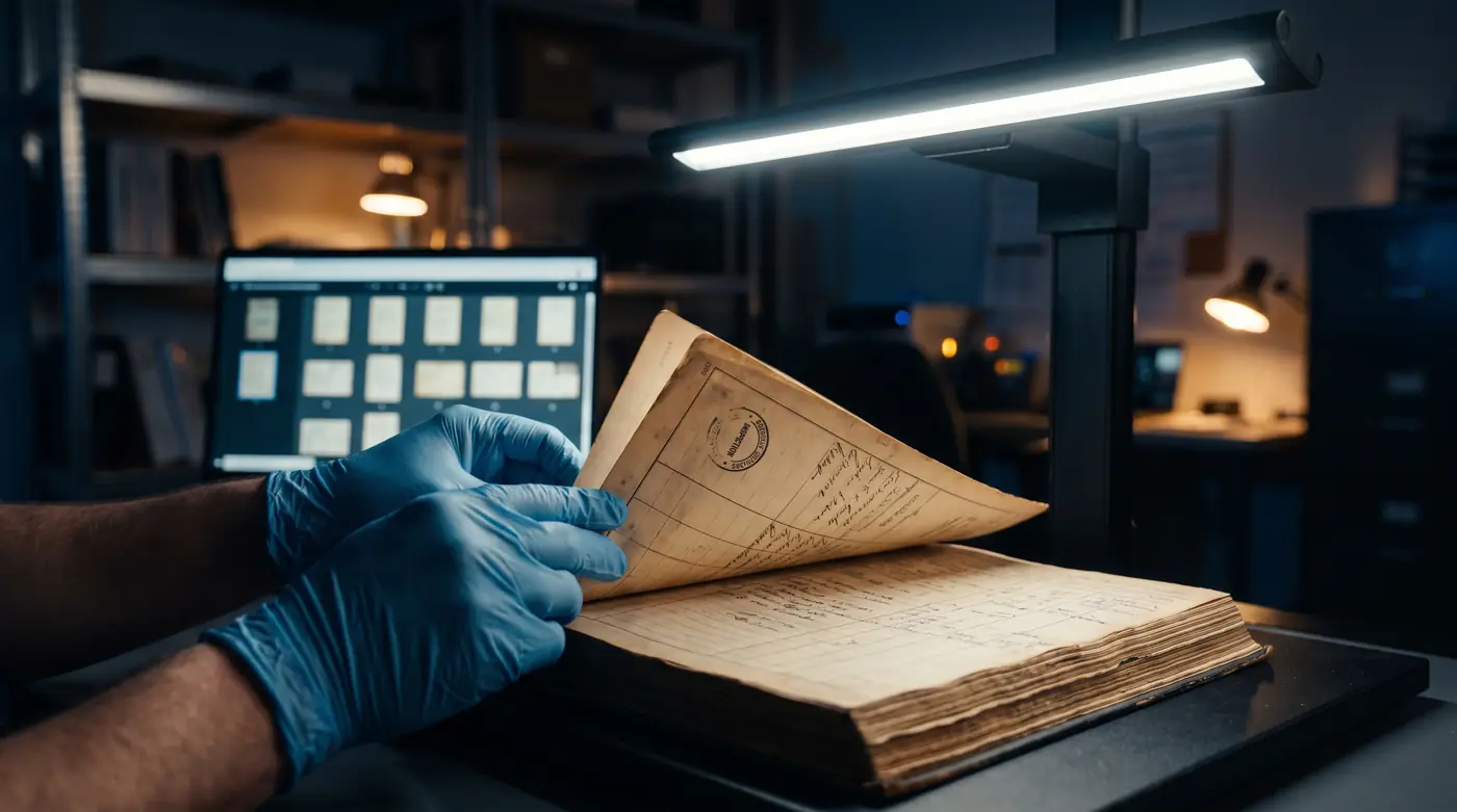 A records technician in gloves turning a page of an aircraft engine logbook under a scanner light