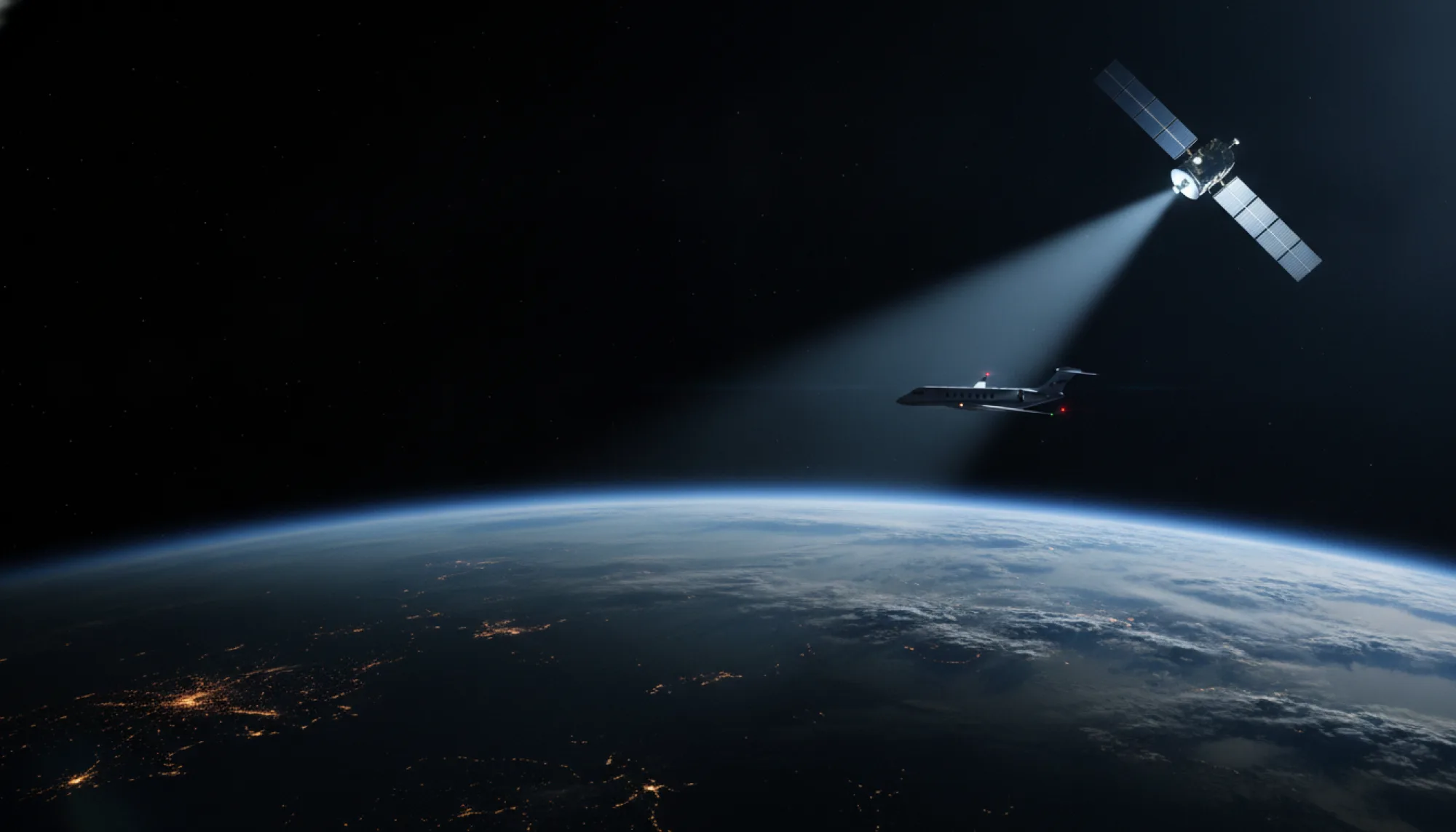 A Starlink satellite beaming a downlink toward a business jet cruising above the curve of the Earth at night